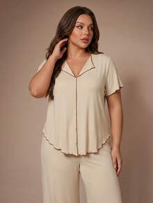 Lazeform Conjunto de Pijama Confortável de Plus Size com Gola Minimalista Casual - Damasco - Visão 4
