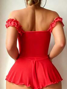 SHEIN Sexy Mesh Off-Shoulder Ruffle Deep V-Neck Tie-Up Dress 2-Piece Set - Red - View 2