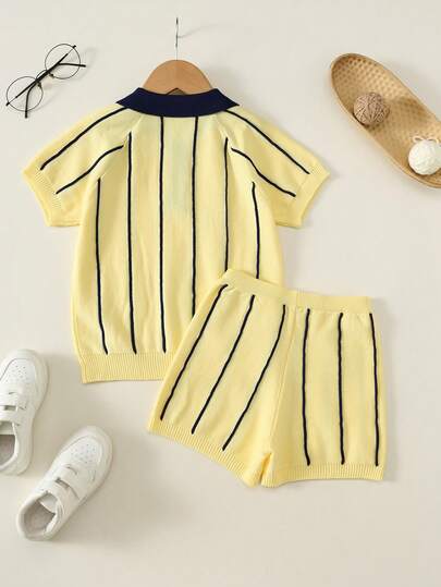 SHEIN 2pcs Kids Young Boy Summer Autumn Casual Yellow Striped Polo Knit Top And Striped Knit Shorts Sweater Set Polo Set Boys Outfit Summer Set Striped Set