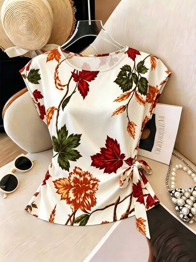 Franclia Women's Fashion Floral Print Satin Pleated Tie-Neck Round Neck T-Shirt Brunch Party White Floral Summer Elegant Casual