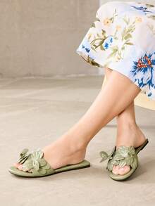 MOTF Sandalias planas tipo mule slip-on de mujer, casuales, de tejido con relieve, para el Día de San Valentín - Verde - Ver 4