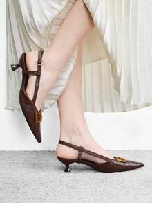 CUCCOO BIZCHIC Pointed Toe Chain Decor Closed Toe Kitten Heel Pumps, Formal Work Shoes For Women For Christmas Valentine's Day Spring Shoes - Coffee Brown - View 4