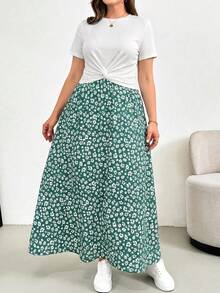 SHEIN Essnce Conjunto de dos piezas de verano para mujer talla grande, conjunto de manga corta, conjunto de falda estampada de dos piezas, conjunto casual y cómodo para mujer talla grande, ropa de mujer estampada, conjuntos de verano para mujer, conjuntos de descanso para mujer, conjunto de dos piezas para vacaciones, conjunto de verano de 2 piezas, conjuntos de verano para mujer - Verde Oscuro - Ver 3