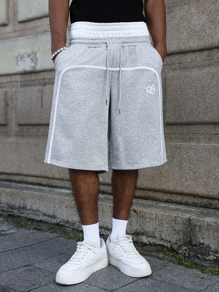Manfinity Roghcode Celana Jogging Pria Model Street Style Muda Terlaris, Desain 2 in 1, Motif Huruf Gothic, Ukuran Plus, Panjang 3/4 - Grey - View 1