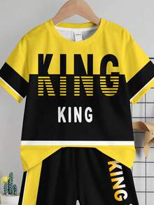 Young Boy Casual Minimalist T-Shirt Set, Classic Color Block Patchwork Pattern Print, Classic Gradient King Text Pattern Print, Suitable For Spring/Summer, Suitable For Campus - Multicolor - View 4