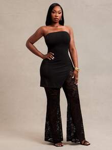 Radiana Plus Size Women's Sexy Elegant Black Lace 2-Piece Set High Elastic Thick Ribbed Bandeau Top And Lace Flare Pants Party Date Night Summer - Black - View 5