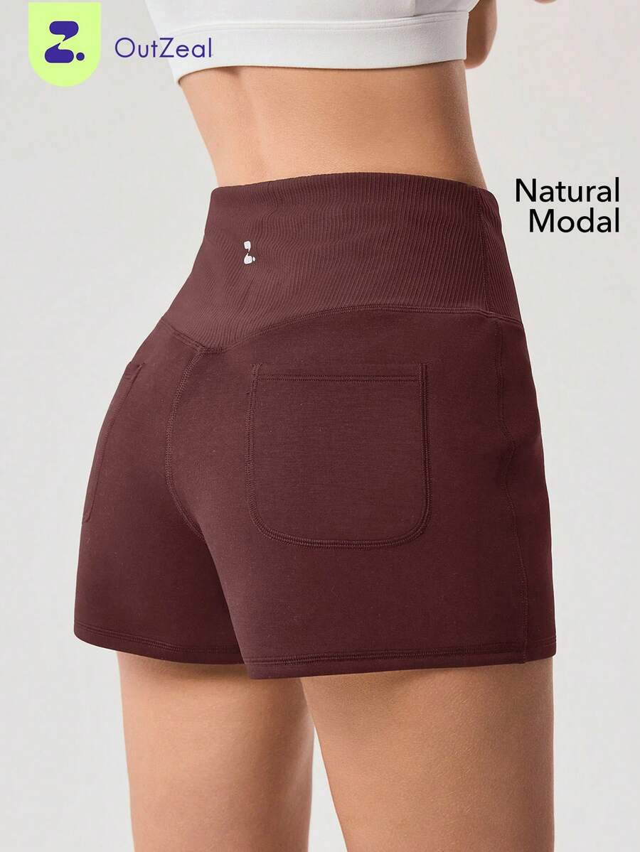 OutZeal Gym Shorts Women Sports Shorts Solid Color Yoga Casual Fitness Soft Model Ribbed High Waist Active Bottoms Summer Spring - Brown - View 1