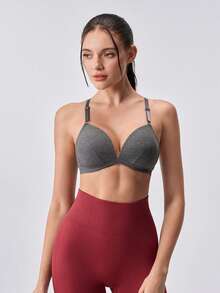 Loungeista 1 pièce de soutien-gorge sans fil à rayures de couleur unie pour femmes, confortable et ajusté, avec des bretelles réglables, de qualité stable, simple et décontracté, soutien-gorge/sous-vêtement anti-affaissement pour tous les jours - Gris foncé - Voir 3