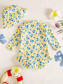 SHEIN Newborn Small Floral Print One-Piece Swimsuit - Mustard Yellow - View 2
