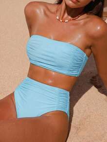 Bonvoyette Women's Solid Color Bandeau Bikini Set With Side Ruched Details, Beach Summer Outfit - Blue - View 4