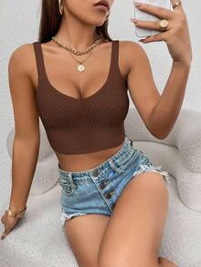 SHEIN Essnce 夏季休閒純色無袖短版針織上衣 - 棕色 - 查看 4
