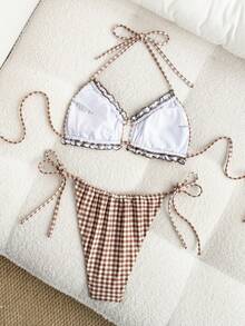 Swim SXY Women's Vacation Plaid Ruffle Halter Tie Sexy Bikini Two-Piece Swimsuit Set - Multicolor - View 3