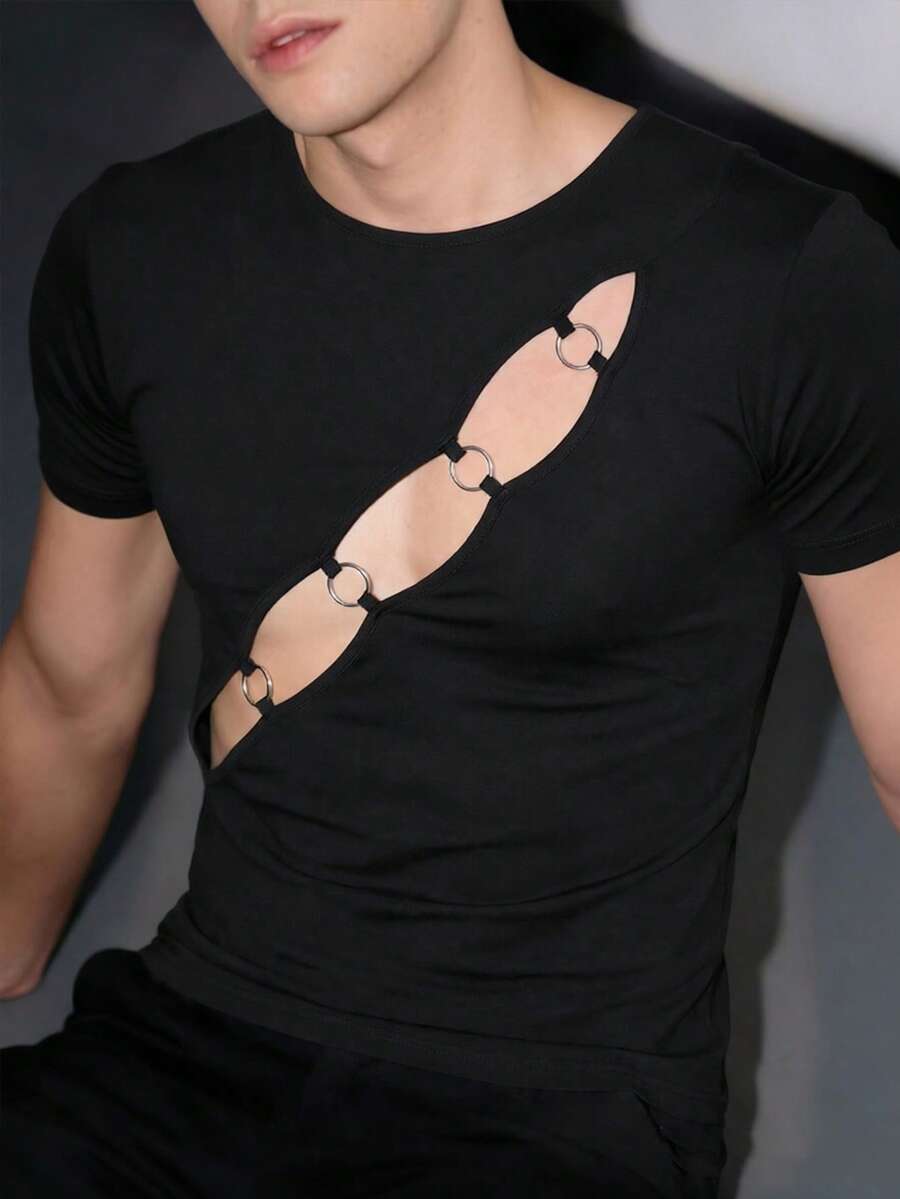 Manfinity Dauomo 男士性感鏤空修身短袖上衣 - 黑色 - 查看 1