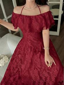 Feyla 女款刺繡荷葉邊露肩優雅掛脖中長洋裝 - 酒紅色 - 查看 6