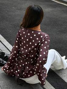 Siren Gaze Womens Elegant Polka Dot Blouse Boat Neck Long Lantern Sleeve Peplum Top With Waist Tie Detail For Daily Wear - Brown - View 3
