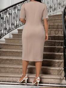 SHEIN Lady Plus Size Summer Elegant Solid Color Fitted Dress - Pink - View 2
