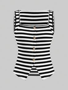 SHEIN Clasi Plus Size Summer Casual Sailor Striped Tank Top Shorts 2 Pieces Set Beach Vacation Formal Vacation Black And White - Black and White - View 3