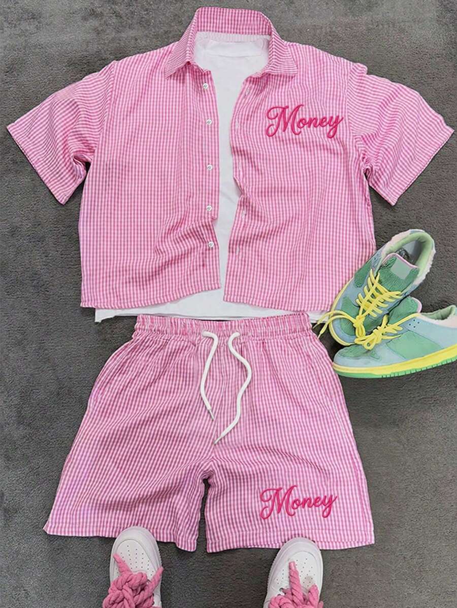 Manfinity EMRG Plus Size Men's Letter Embroidery Plaid Short Sleeve Shirt And Shorts Casual Set - Multicolor - View 1