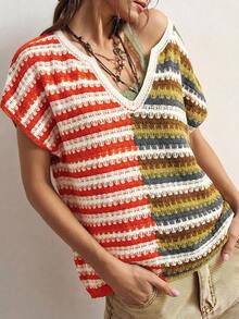 Bohemela Top de punto con bloques de color, rayas y patchwork para mujer - Amarillo - Ver 3