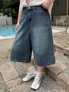 Dazy Plus Vintage Traditional Denim Washed Distressed Loose Straight Leg Casual Cropped Jeans Plus Size Women Autumn Formal Graduation Blue - Dark Wash - View 2