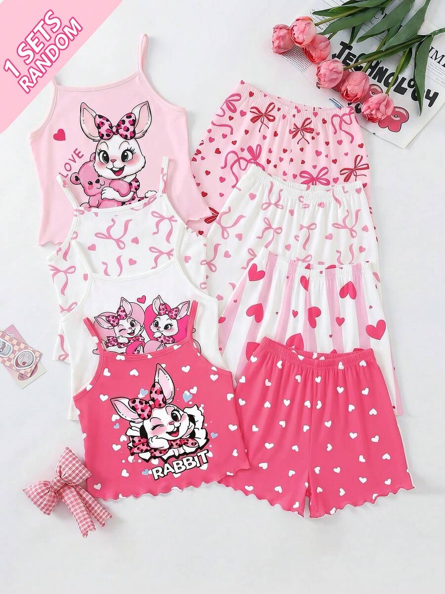 SHEIN 4件套随机混色女童夏季两件套,樱桃、豹纹、兔子、爱心、条纹、蝴蝶结印花吊带上衣搭配荷叶边短裤,针织面料,舒适睡衣/家居服,适合室内外穿着,粉色格子休闲百搭少女风 - 彩色 - 查看 1