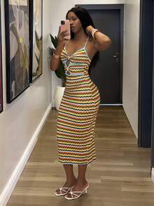 Glyssa Summer Vacation Colorful Wavy Striped Knit Bodycon Dress For Women, Heart-Shaped Neckline With Thin Shoulder Straps, Hollow-Out Detail, Slim Fit, Mid-Length Dress Suitable For Party And Club Occasions - Multicolor - View 6