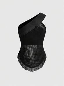 ROMWE Goth 垂領哥德風流蘇抹胸上衣 女款PU皮革金屬仿針織 性感辣妹風 - 黑色 - 查看 9