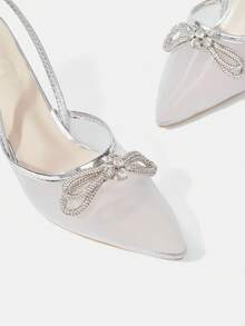 CUCCOO HITCHD Silver Rhinestone Bow Mesh Pointed Back Strap Stiletto Sandals, Banquet Party Wedding Bridesmaid Shoes - Silver - View 4