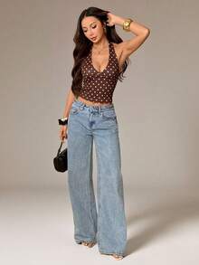 SHEIN PETITE 夏季棕色與白色波點性感休閒掛脖上衣，適合早午餐、夜晚外出、日常出遊、約會、通勤、休閒郵輪、伊比薩 - 棕色 - 查看 3