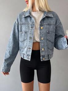SHEIN 青少年女孩牛仔夾克外套，休閒時尚復古個性全季款，工裝酸洗牛仔上衣夾克，長袖藍色外套，休閒運動風 - 淺色水洗藍 - 查看 3