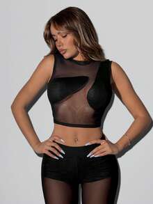 SHEIN ICON 女款網格拼接休閒透視日常穿著上衣 - 黑色 - 查看 1