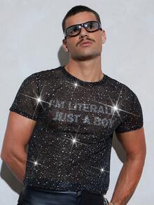 FeverCity Men's Sexy Shiny Sheer Rhinestone Decor T-Shirt - Black - View 6