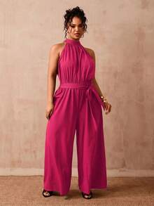 Slaydiva Mono de cuello halter de unicolor talla grande para vacaciones y uso casual - Rosa Fucsia - Ver 14