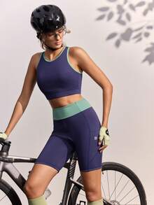 In My Nature Women's Color Block 2-Piece Outdoor Workout Set, Cropped Sleeveless Tank Top & High Waist Sports Shorts - Navy Blue - View 2