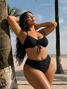 Swim SXY Set Pakaian Renang Liburan Pantai Warna Polos Ukuran Besar - Hitam - View 1