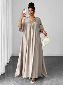 Maweii Plus Size Summer Casual Solid Color Dress - Apricot - View 4