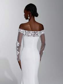 Elitara Classy White Lace Illusion Long Sleeve Cold Shoulder Satin Mermaid Fitted Floor-Length Sweep Train Bridal Church Dinner Evening Dress Fall - White - View 5
