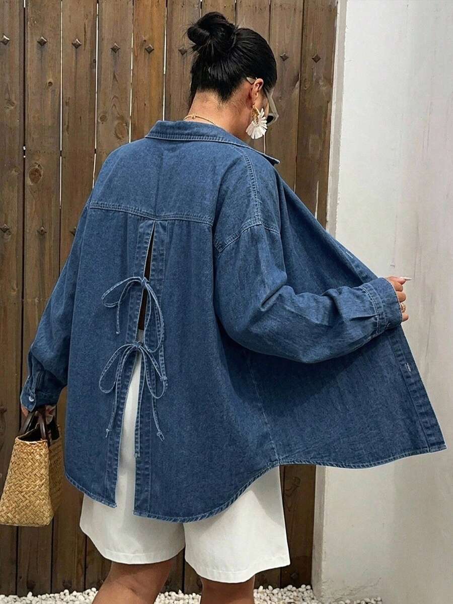 Dazy Plus Light Blue Washed Back Slit Tie Design Playful Commute Loose Denim Shirt Blouse Spring Summer - Medium Wash - View 1