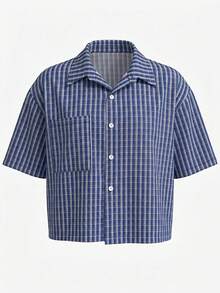 Manfinity Dauomo Men's Front Button Plaid Casual Short Sleeve Shirt, Everyday Wear - Blue - View 3