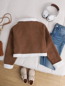 SHEIN 青少年女孩秋冬抓絨內裡厚領寬鬆長袖休閒時尚棕色短夾克 - 棕色 - 查看 2
