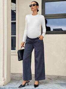MaterniWear Pantalones de pierna recta a rayas azul marino para maternidad, casual, elegante, chic, para ir al trabajo y baby shower, otoño - Azul - Ver 8