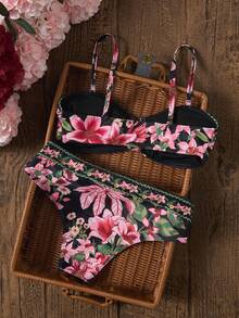 Swim Vcay 女款休閒度假海灘多色印花紋理布料比基尼兩件式泳衣套裝 - 黑色 - 查看 5