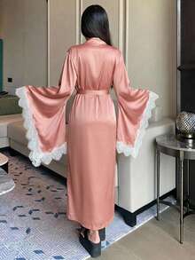 DAZY Charming Bell Sleeve Satin Lace Patchwork Long Women's Nightgown - Pink - View 2