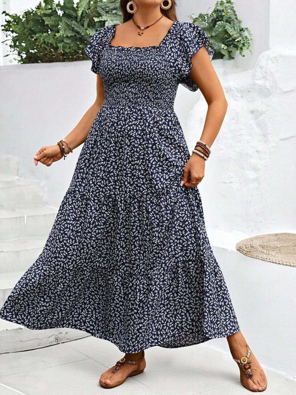 Plus Size Women Summer Casual Vacation Country Navy Blue Floral Print Square Neck Party Vacation Long Dress,Flowy Dress,Boho Dress,Beach Dress,Ruffle