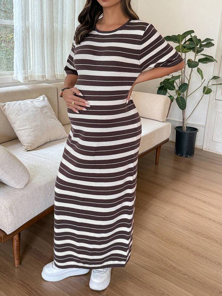 DAZY Round Neck Colorblock Striped Loose Casual Long Maternity Sweater Dress, Spring/Summer/Early Autumn - Brown - View 3