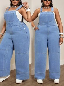Slaydiva New American Retro Loose Straight Leg Wide Leg Denim Overalls Floor Length Jumpsuit - Light Wash - View 1
