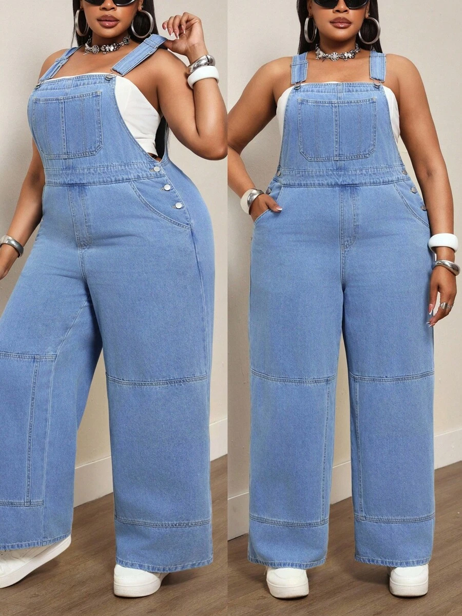 Slaydiva New American Retro Loose Straight Leg Wide Leg Denim Overalls Floor Length Jumpsuit - Light Wash - View 1