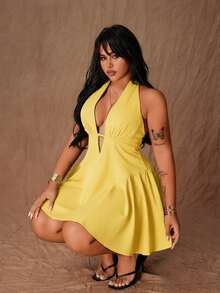 Rustia Vestido de Talla Grande con Diseño Sexy y Elegante, Escote Profundo en V, Cuello Halter con Lazo y Cintura Ceñida - Amarillo - Ver 7