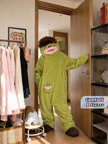 1Pc Cartoon Big Mouth Monster Funny Couples Pajamas, Unisex Winter Thick Coral Fleece One-Piece Loungewear, Cute Comfy Flannel Home Sleepwear For Men Women - Multicolor - View 1