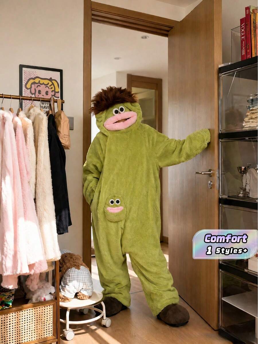 1Pc Cartoon Big Mouth Monster Funny Couples Pajamas, Unisex Winter Thick Coral Fleece One-Piece Loungewear, Cute Comfy Flannel Home Sleepwear For Men Women - Multicolor - View 1
